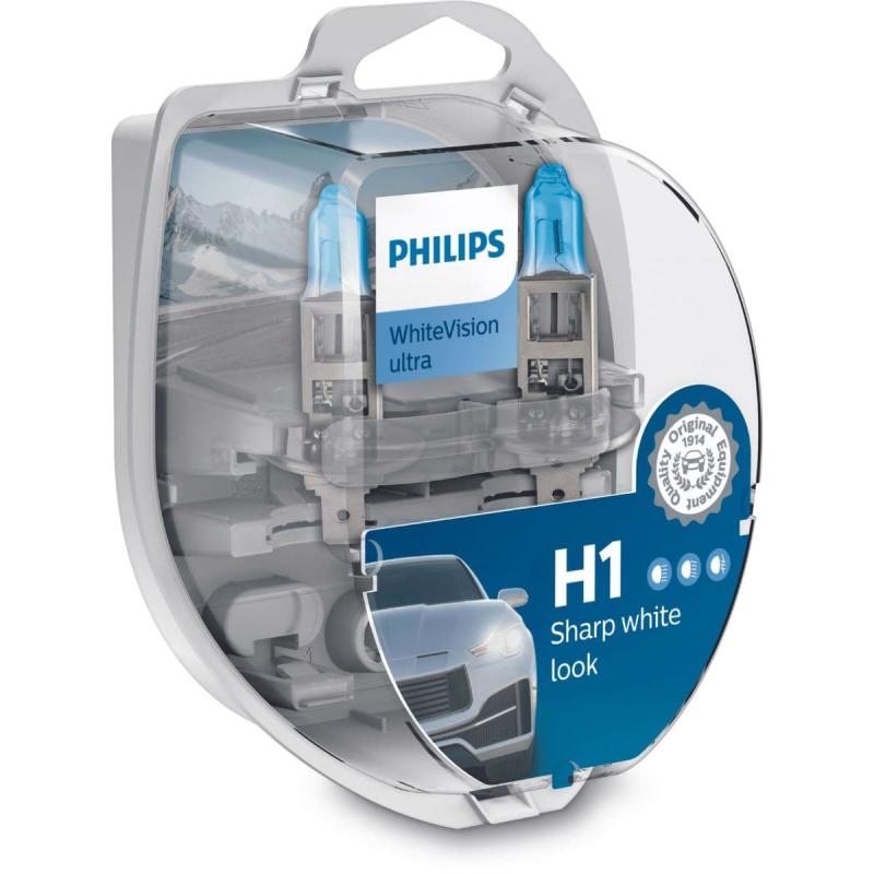H1 Whitevision Ultra Pærer Med Xenon Effekt & +60% Mere Lys 2 Stk + (2 Stk. W5w) fra Philips