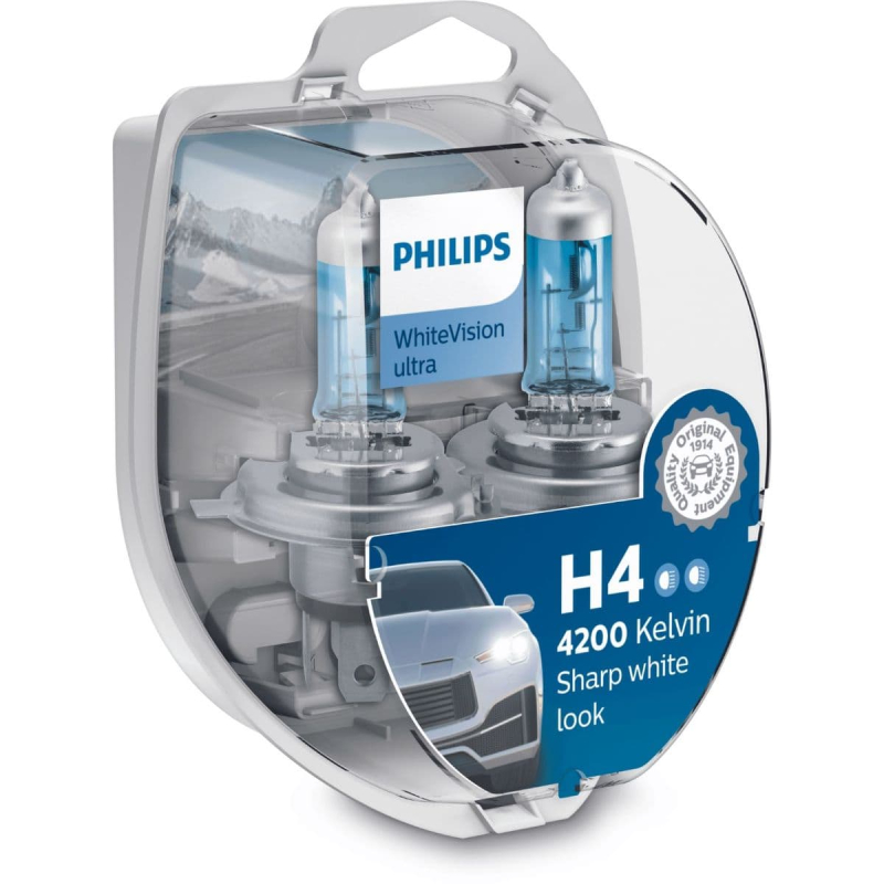 H4 Whitevision Ultra Pærer Med Xenon Effekt & +60% Mere Lys 2 Stk + (2 Stk. W5w) fra Philips